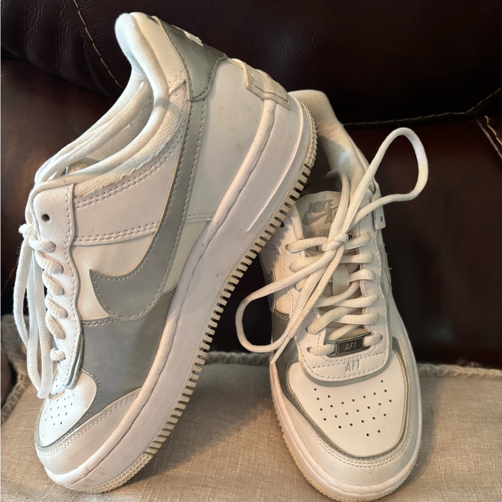 Nike Air Force 1 White and Silver Sneakers